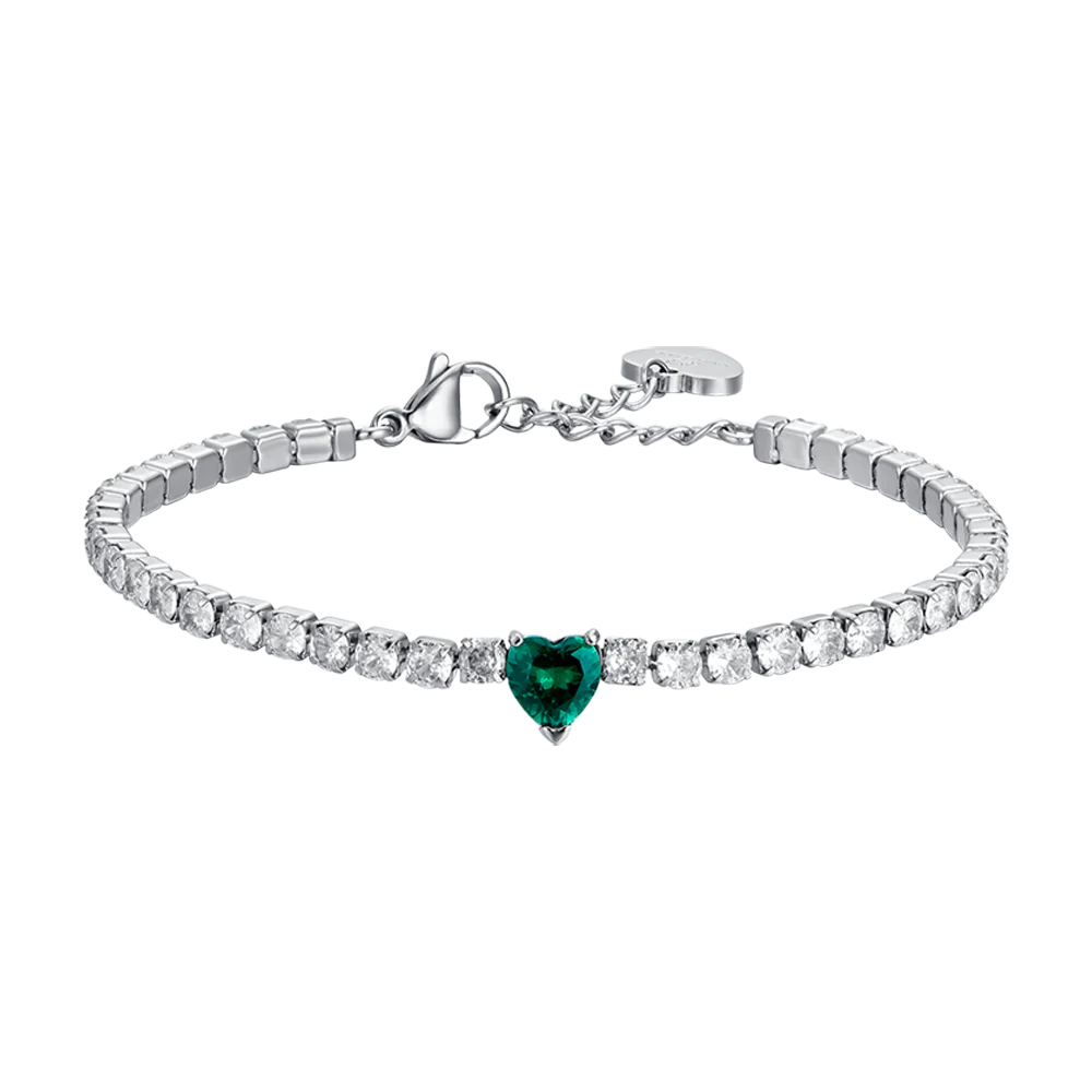 Bracciale tennis in acciaio con cristalli bianchi e cuore in cristallo verde