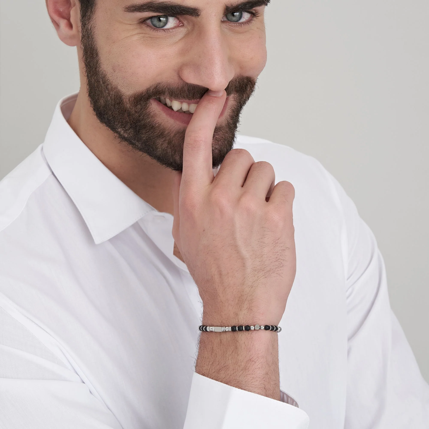 Bracciale uomo in acciaio con agata nera